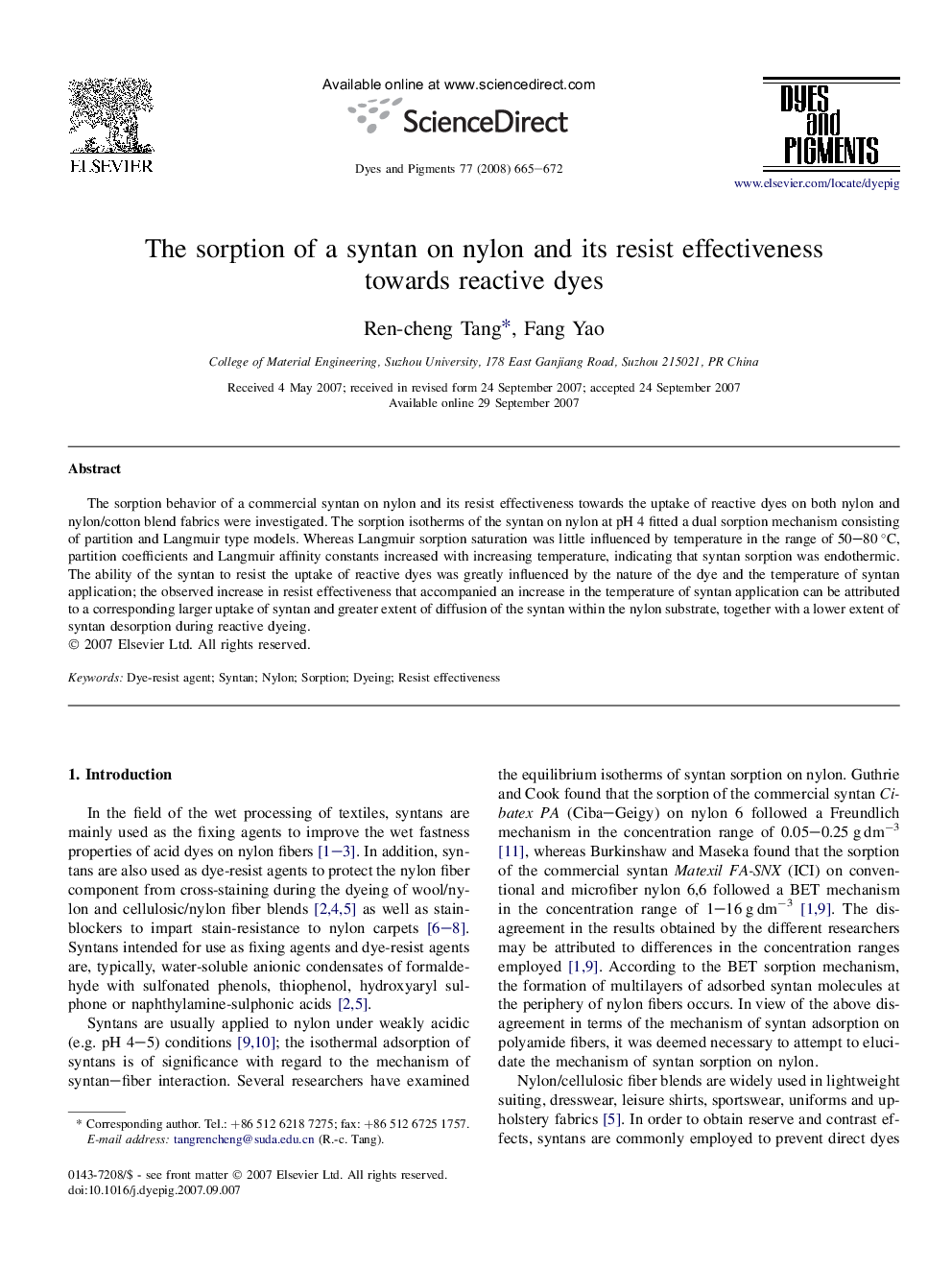 The sorption of a syntan on nylon and its resist effectiveness towards reactive dyes