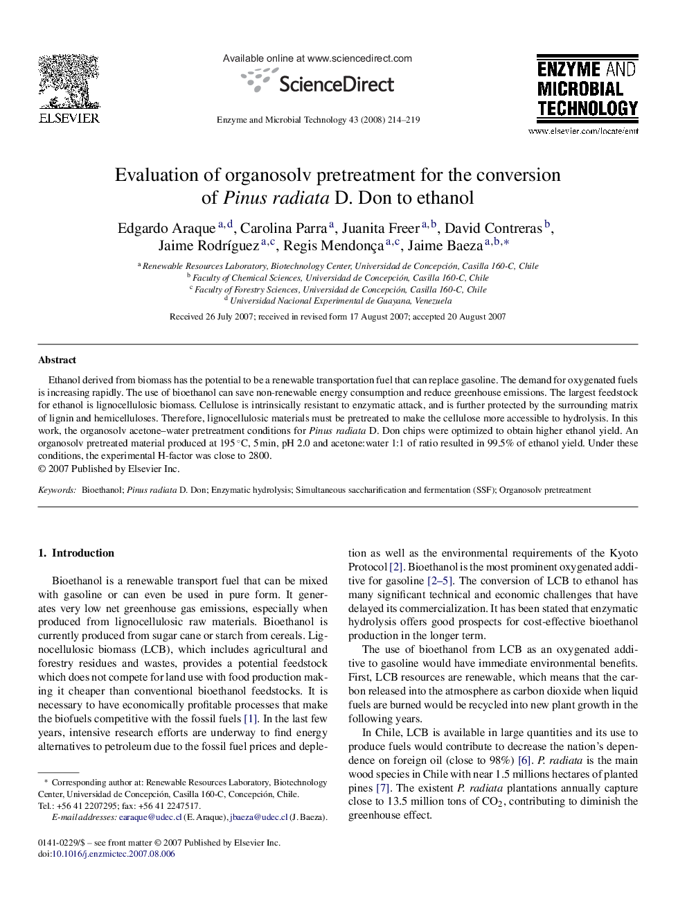 Evaluation of organosolv pretreatment for the conversion of Pinus radiata D. Don to ethanol