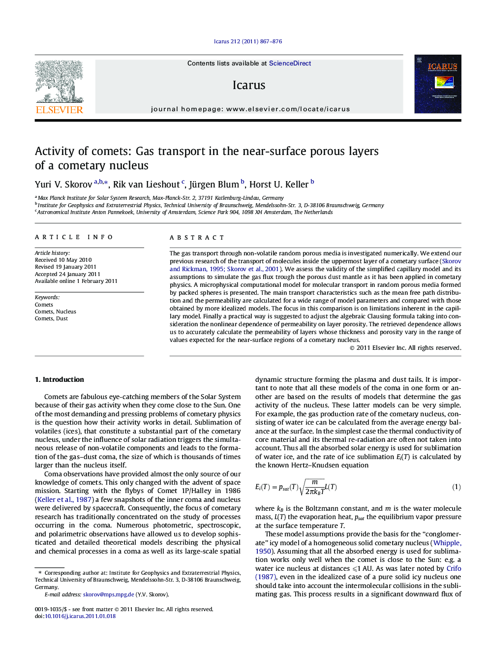 Activity of comets: Gas transport in the near-surface porous layers of a cometary nucleus