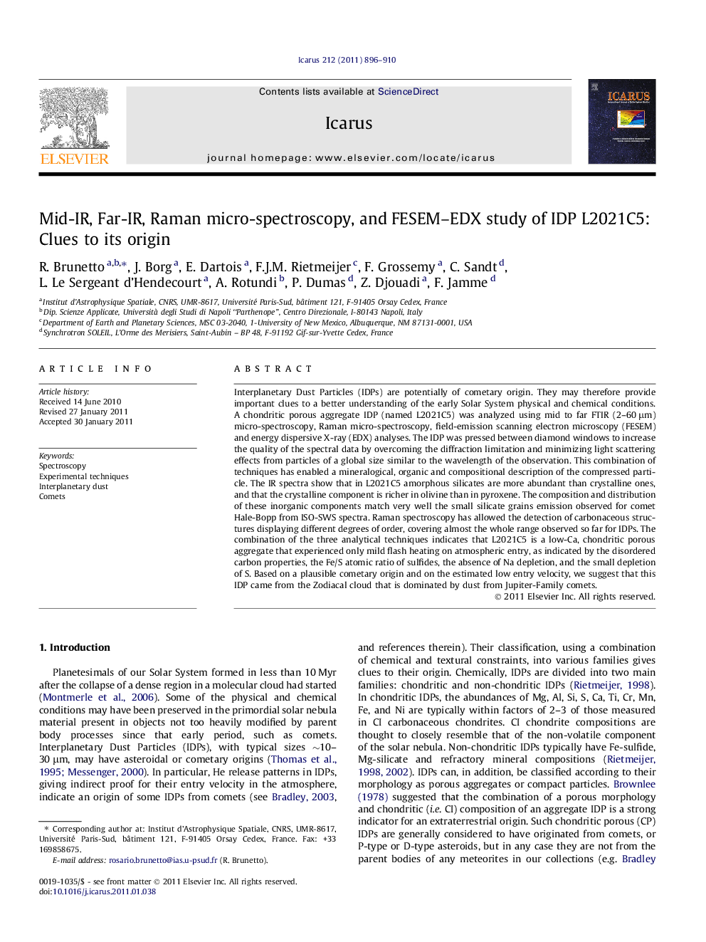 Mid-IR, Far-IR, Raman micro-spectroscopy, and FESEM–EDX study of IDP L2021C5: Clues to its origin