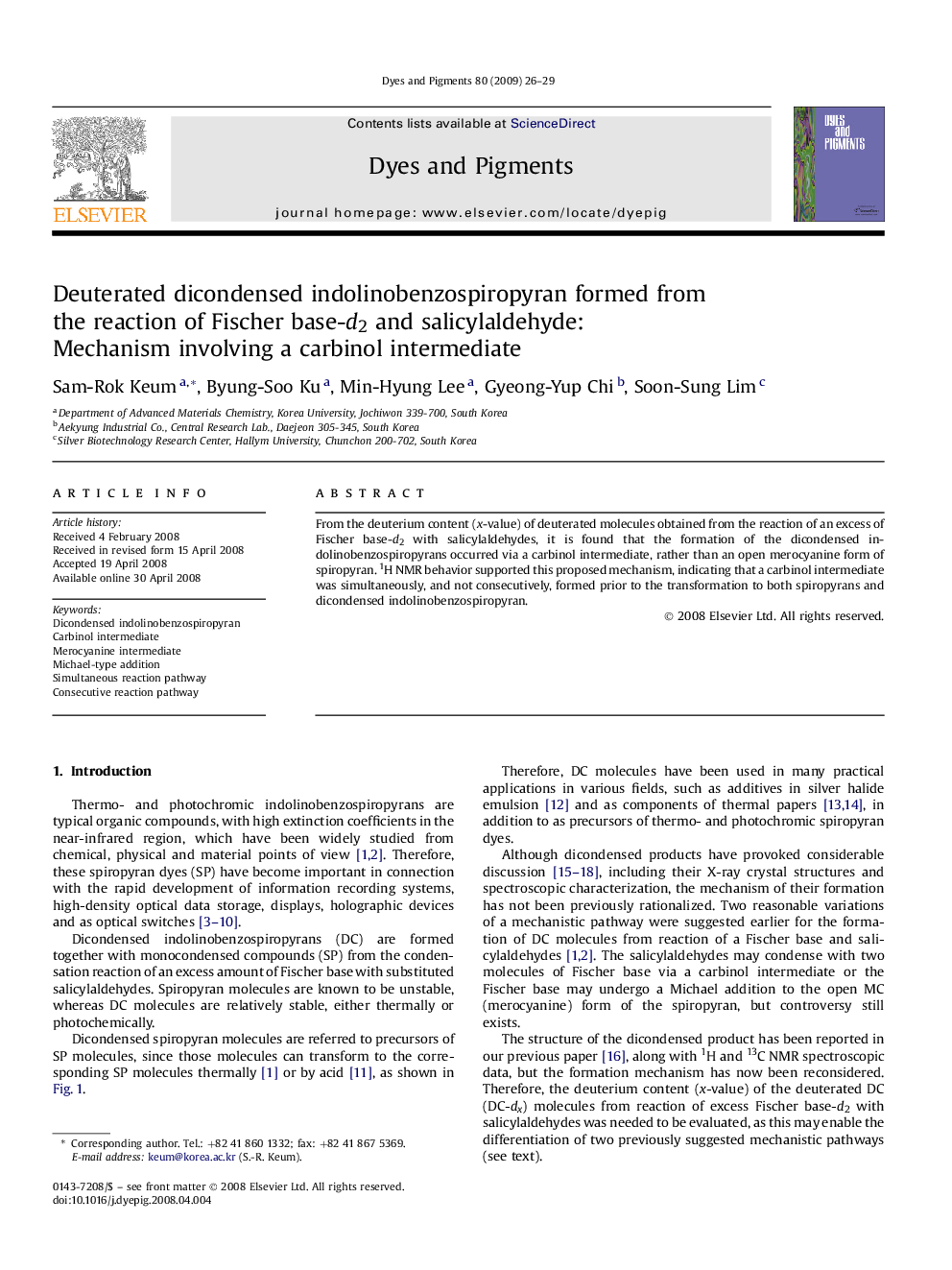 Deuterated dicondensed indolinobenzospiropyran formed from the reaction of Fischer base-d2 and salicylaldehyde: Mechanism involving a carbinol intermediate