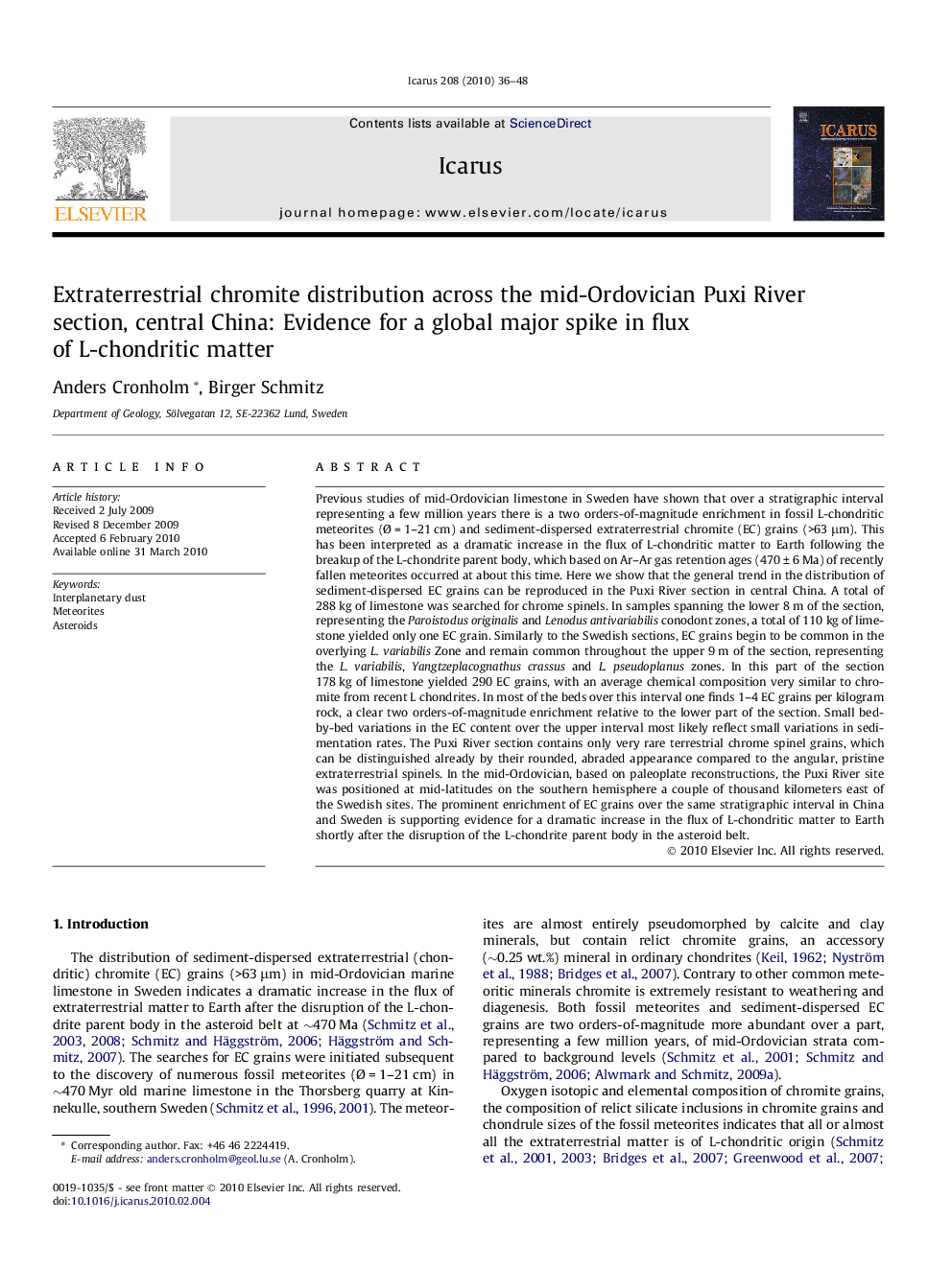 Extraterrestrial chromite distribution across the mid-Ordovician Puxi River section, central China: Evidence for a global major spike in flux of L-chondritic matter