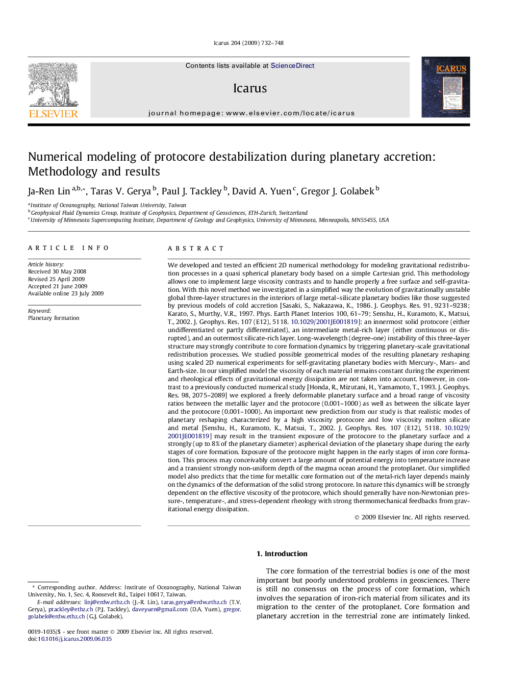 عکس صفحه اول مقاله: Numerical modeling of protocore destabilization during planetary accretion: Methodology and results Numerical modeling of protocore destabilization during planetary accretion: Methodology and results