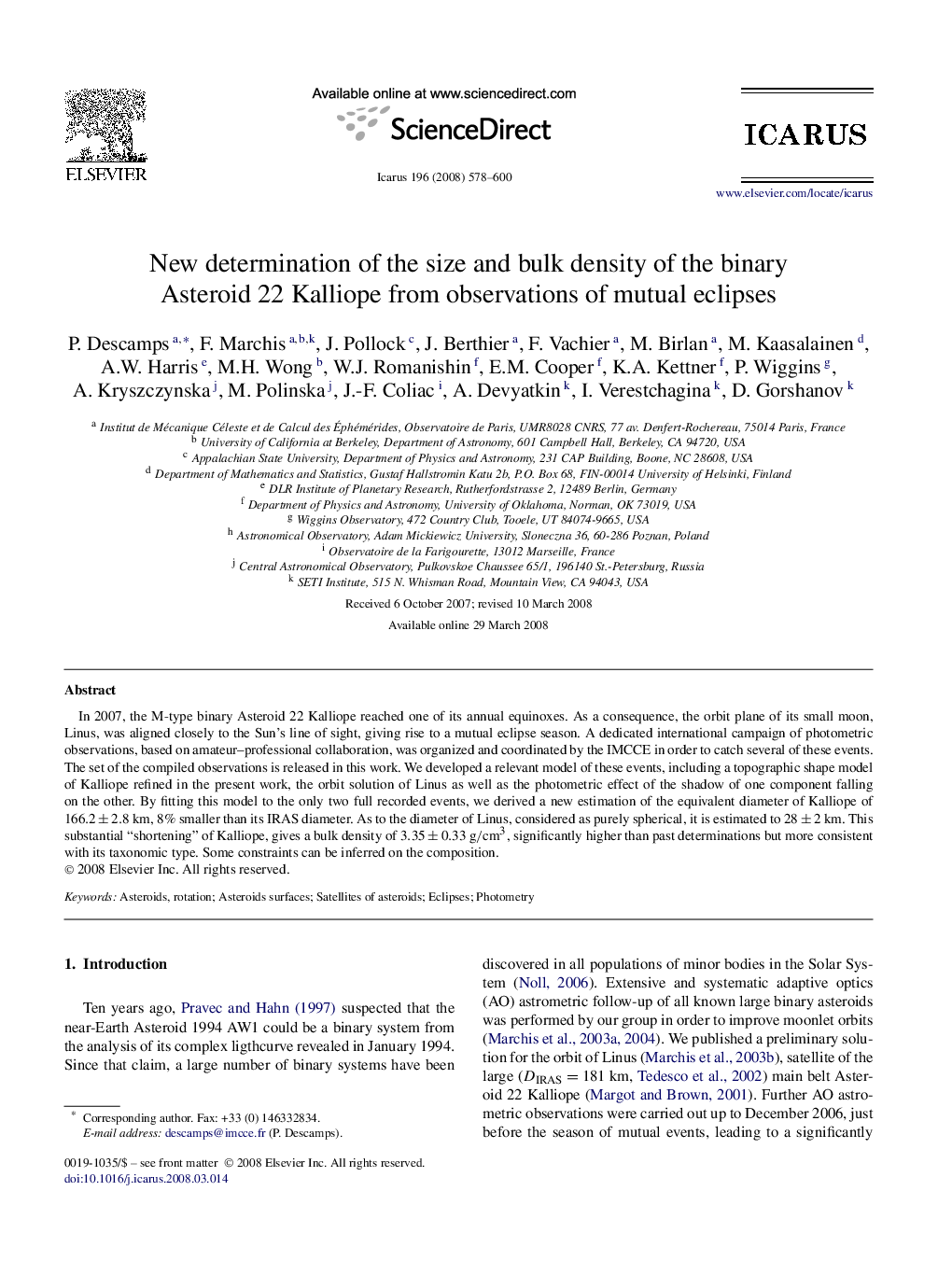 New determination of the size and bulk density of the binary Asteroid 22 Kalliope from observations of mutual eclipses