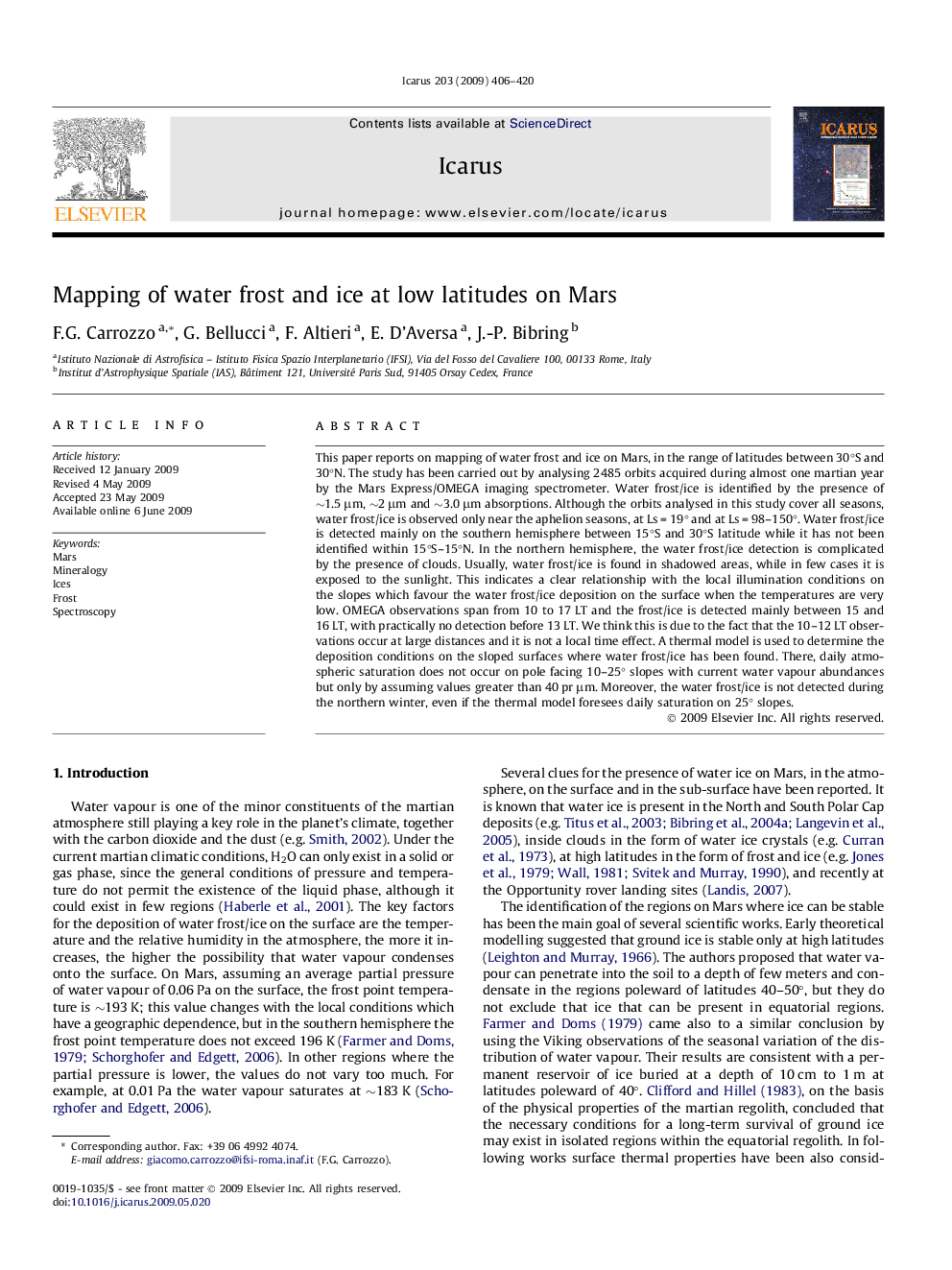 Mapping of water frost and ice at low latitudes on Mars