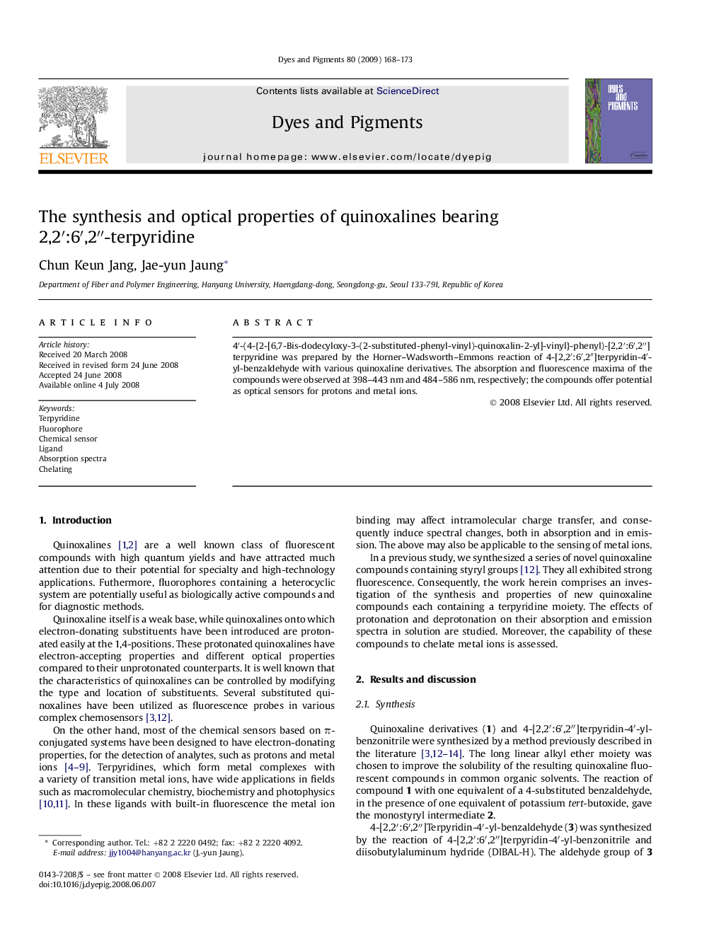 The synthesis and optical properties of quinoxalines bearing 2,2′:6′,2″-terpyridine