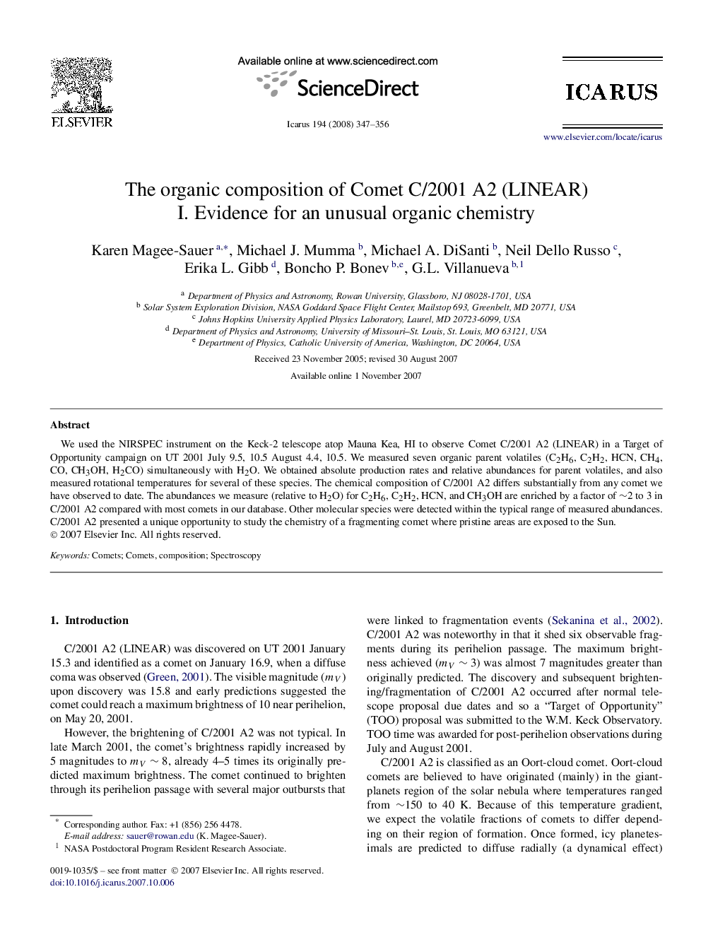 The organic composition of Comet C/2001 A2 (LINEAR): I. Evidence for an unusual organic chemistry