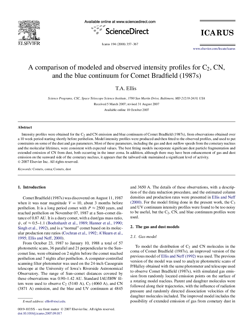 A comparison of modeled and observed intensity profiles for C2, CN, and the blue continuum for Comet Bradfield (1987s)