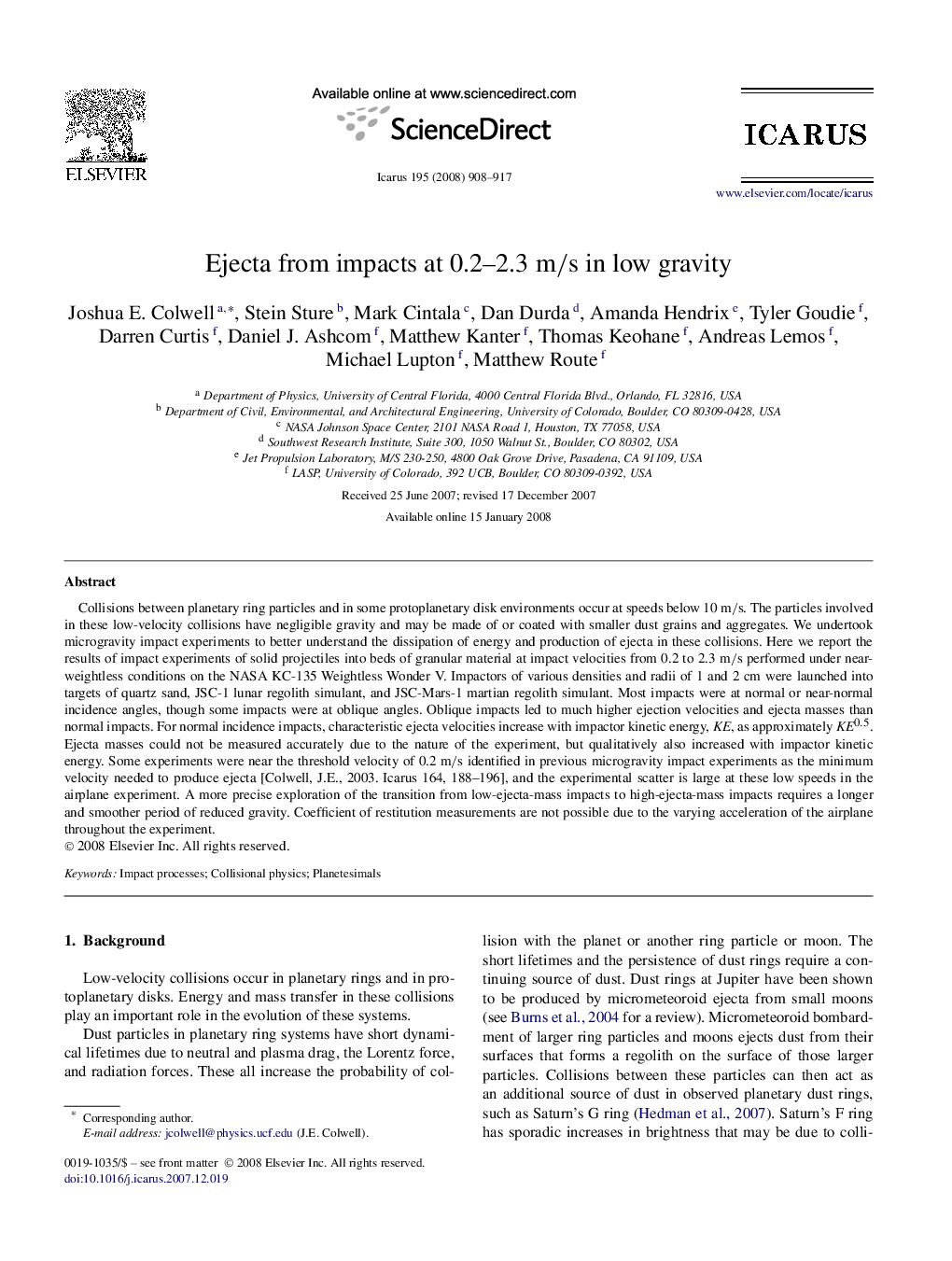 Ejecta from impacts at 0.2–2.3 m/s in low gravity