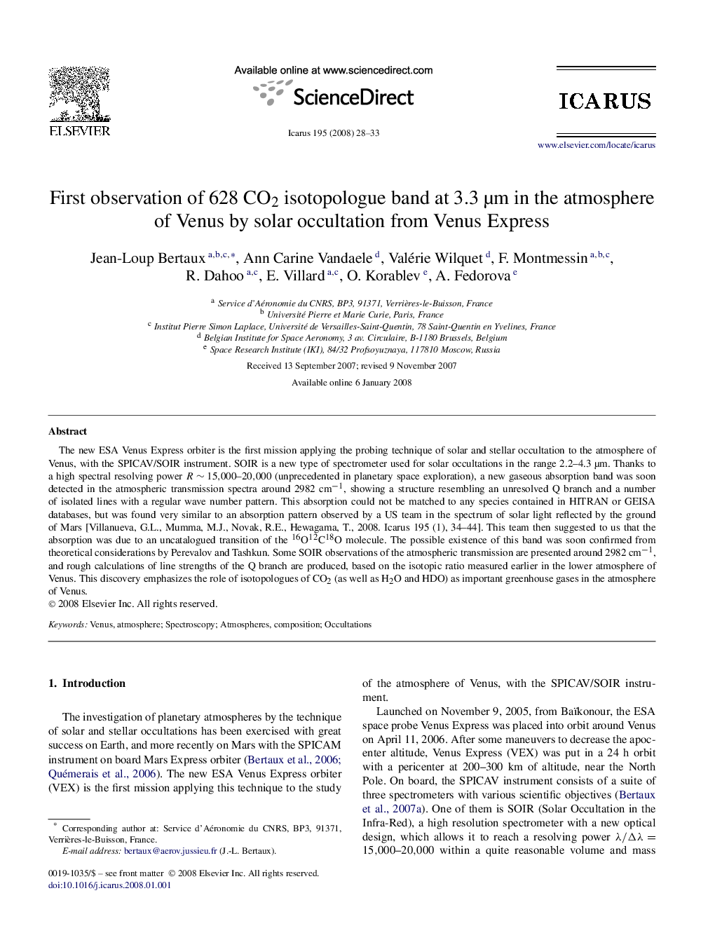 First observation of 628 CO2 isotopologue band at 3.3 μm in the atmosphere of Venus by solar occultation from Venus Express