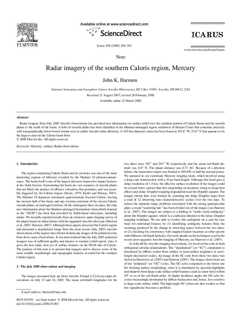 Radar imagery of the southern Caloris region, Mercury