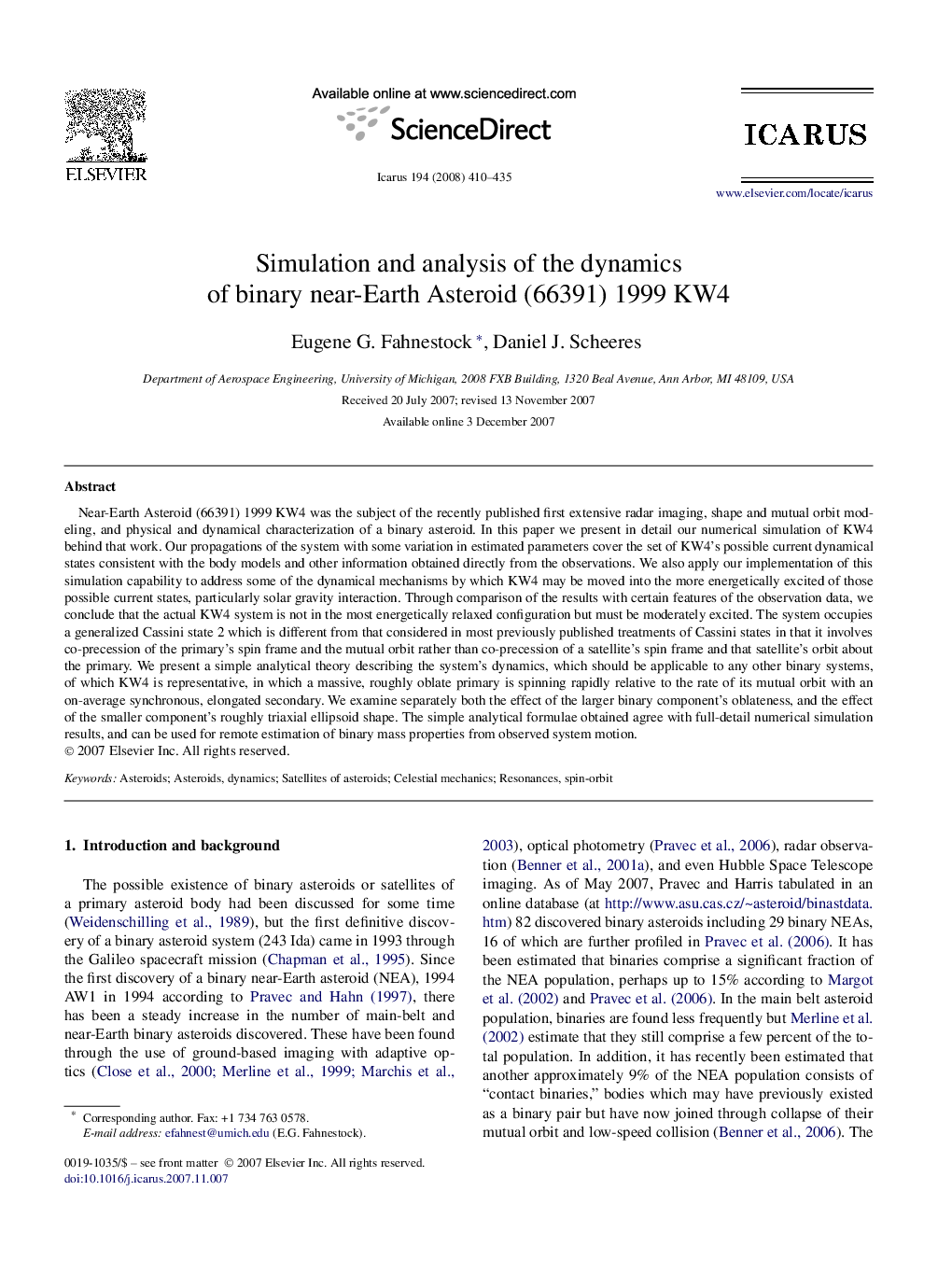 Simulation and analysis of the dynamics of binary near-Earth Asteroid (66391) 1999 KW4
