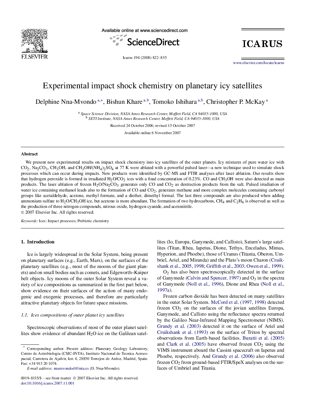 Experimental impact shock chemistry on planetary icy satellites