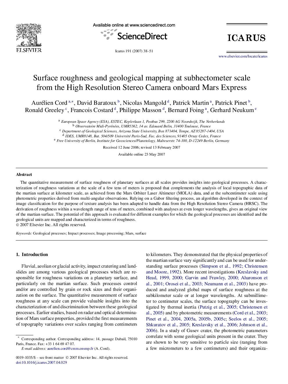 Surface roughness and geological mapping at subhectometer scale from the High Resolution Stereo Camera onboard Mars Express