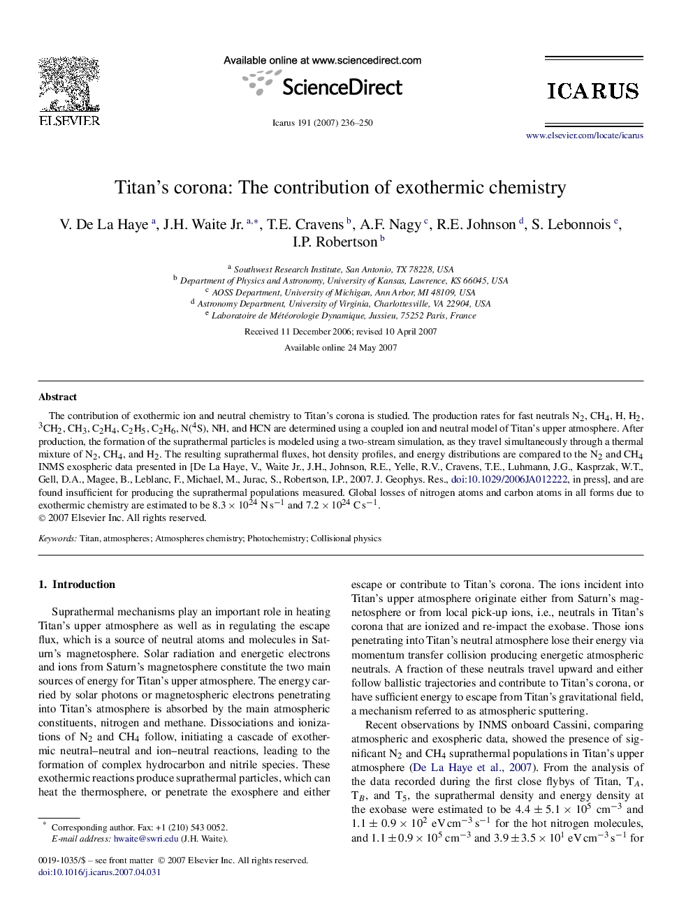عکس صفحه اول مقاله: Titan's corona: The contribution of exothermic chemistry Titan's corona: The contribution of exothermic chemistry