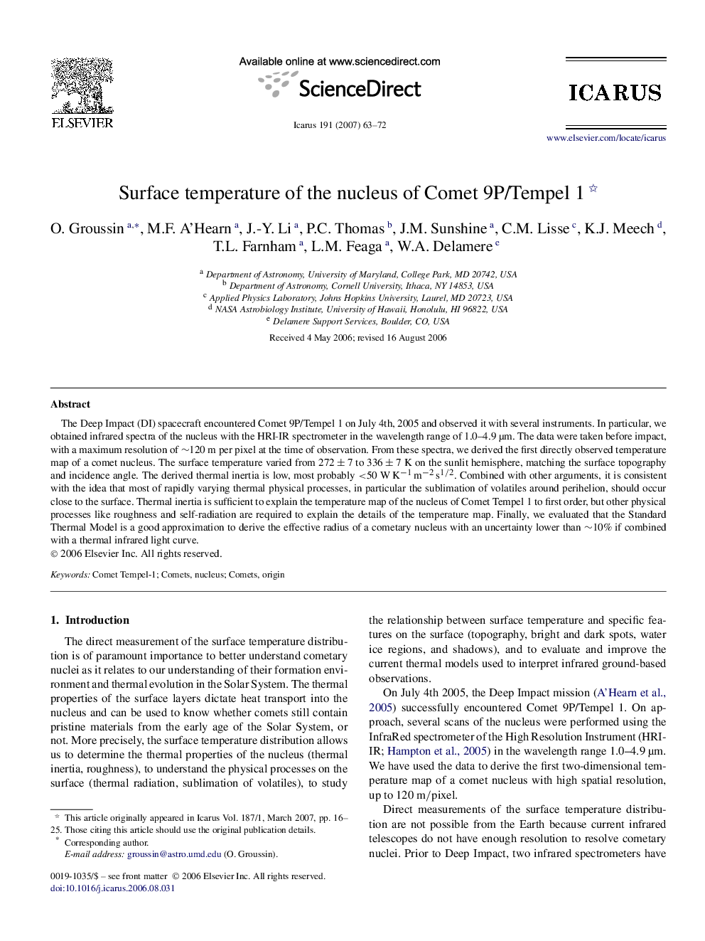 Surface temperature of the nucleus of Comet 9P/Tempel 1 