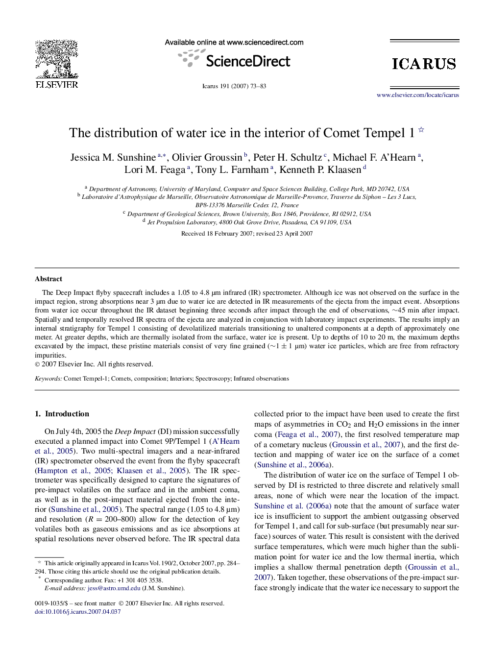 The distribution of water ice in the interior of Comet Tempel 1