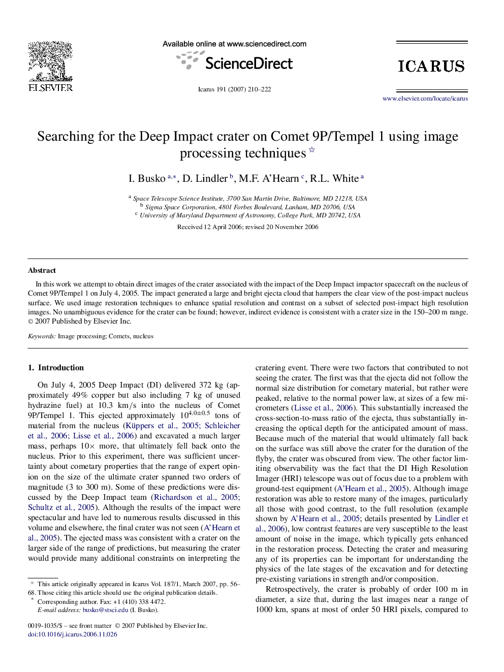 Searching for the Deep Impact crater on Comet 9P/Tempel 1 using image processing techniques