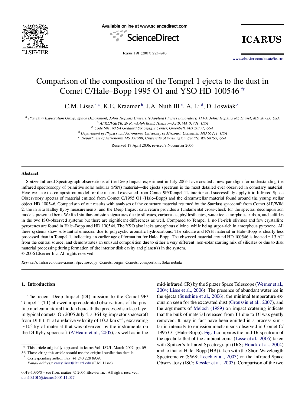 Comparison of the composition of the Tempel 1 ejecta to the dust in Comet C/Hale–Bopp 1995 O1 and YSO HD 100546 