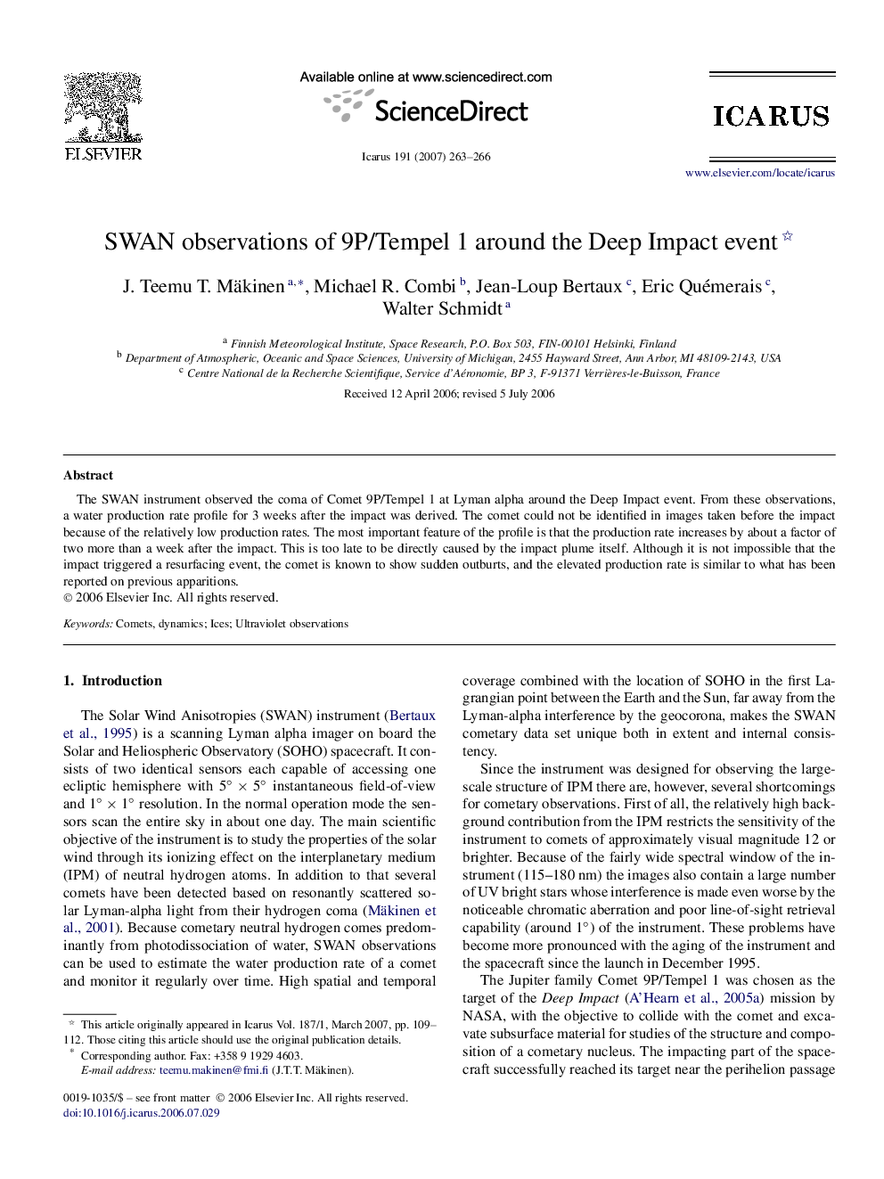 SWAN observations of 9P/Tempel 1 around the Deep Impact event 