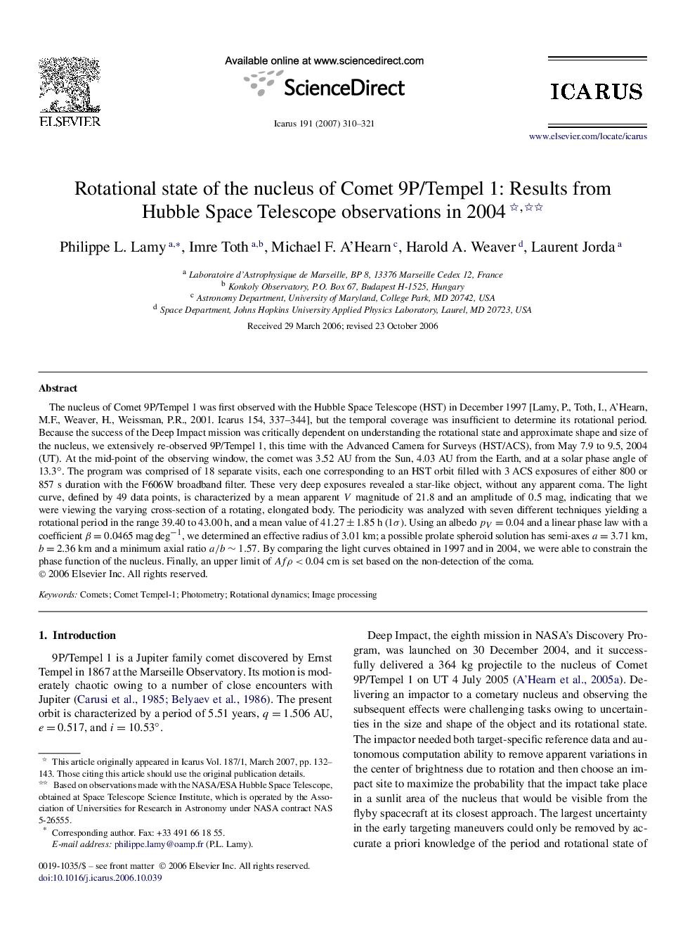 Rotational state of the nucleus of Comet 9P/Tempel 1: Results from Hubble Space Telescope observations in 2004 