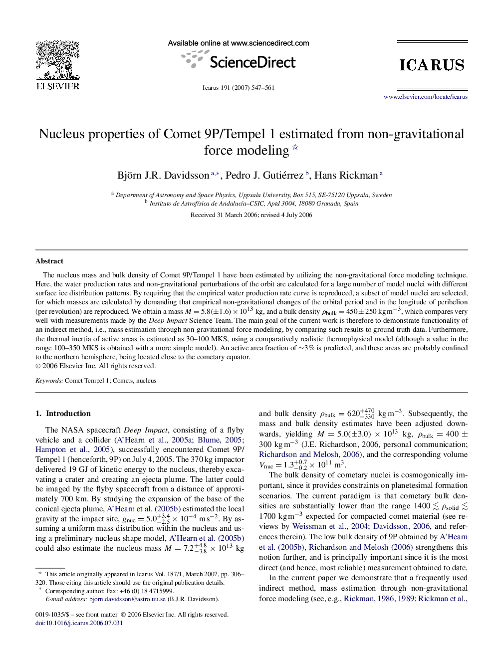 Nucleus properties of Comet 9P/Tempel 1 estimated from non-gravitational force modeling 