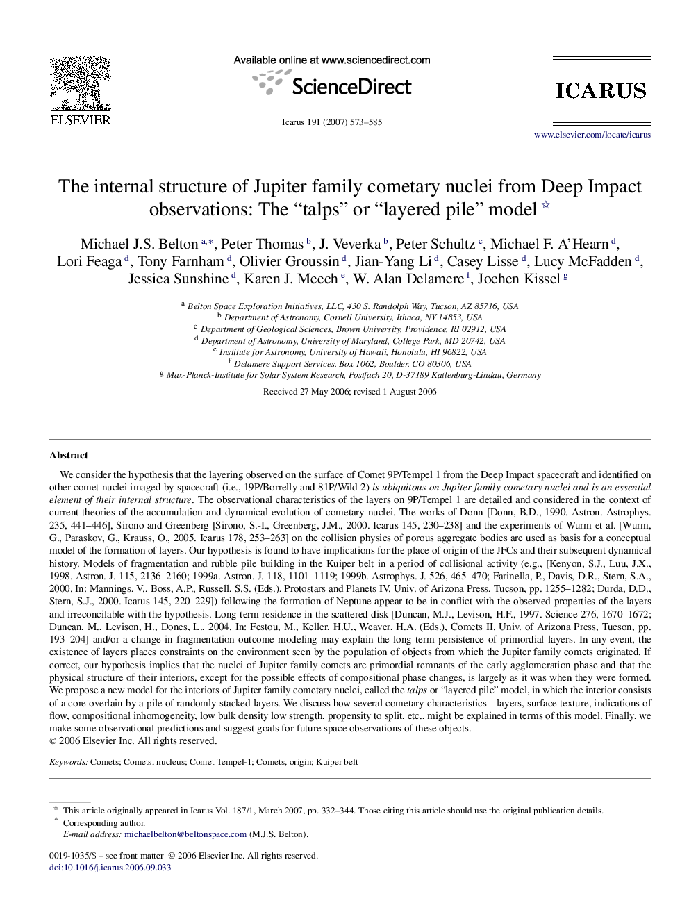 The internal structure of Jupiter family cometary nuclei from Deep Impact observations: The “talps” or “layered pile” model 