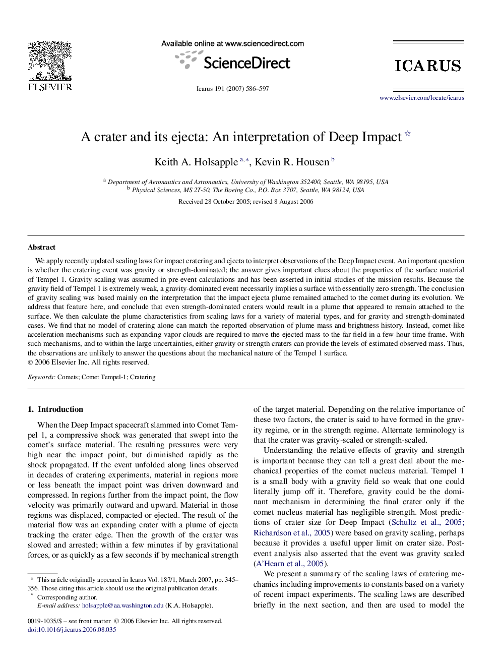 A crater and its ejecta: An interpretation of Deep Impact