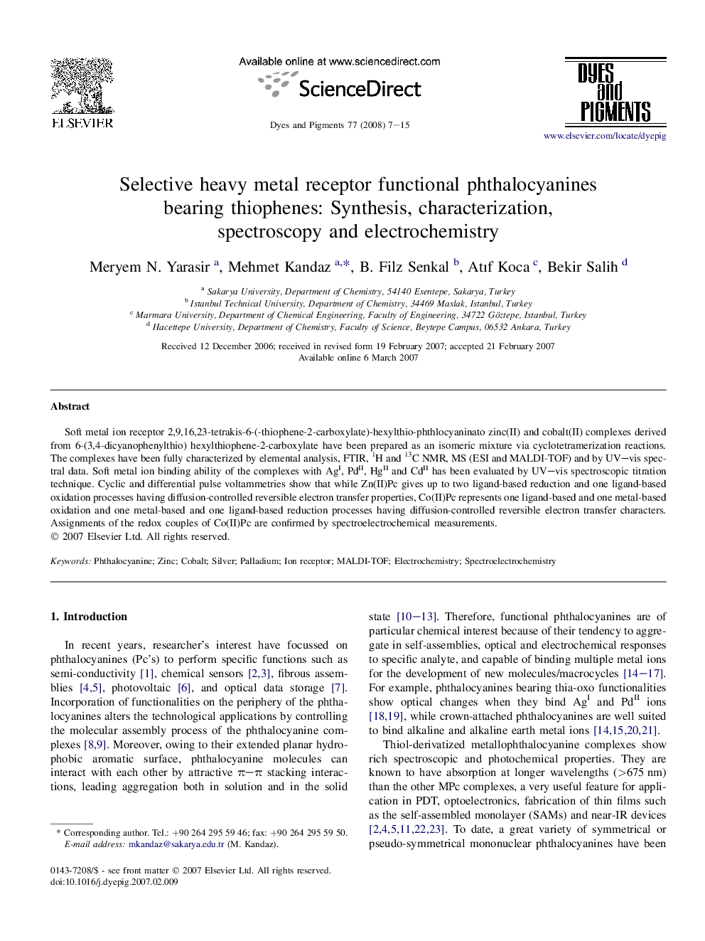 Selective heavy metal receptor functional phthalocyanines bearing thiophenes: Synthesis, characterization, spectroscopy and electrochemistry