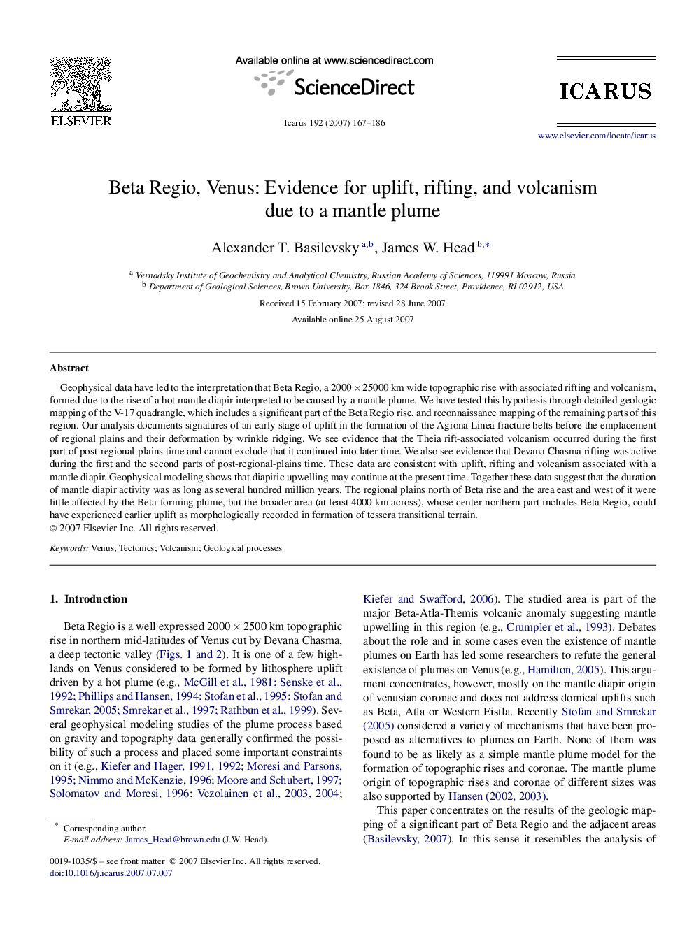 عکس صفحه اول مقاله: Beta Regio, Venus: Evidence for uplift, rifting, and volcanism due to a mantle plume Beta Regio, Venus: Evidence for uplift, rifting, and volcanism due to a mantle plume