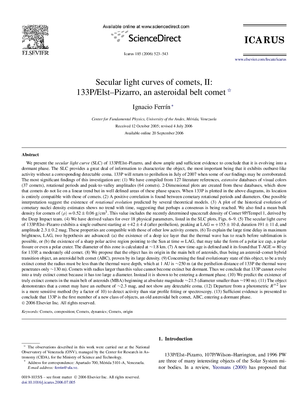 Secular light curves of comets, II: 133P/Elst–Pizarro, an asteroidal belt comet 