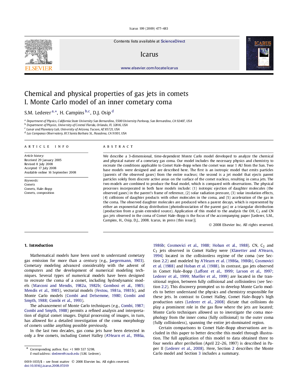 Chemical and physical properties of gas jets in comets: I. Monte Carlo model of an inner cometary coma