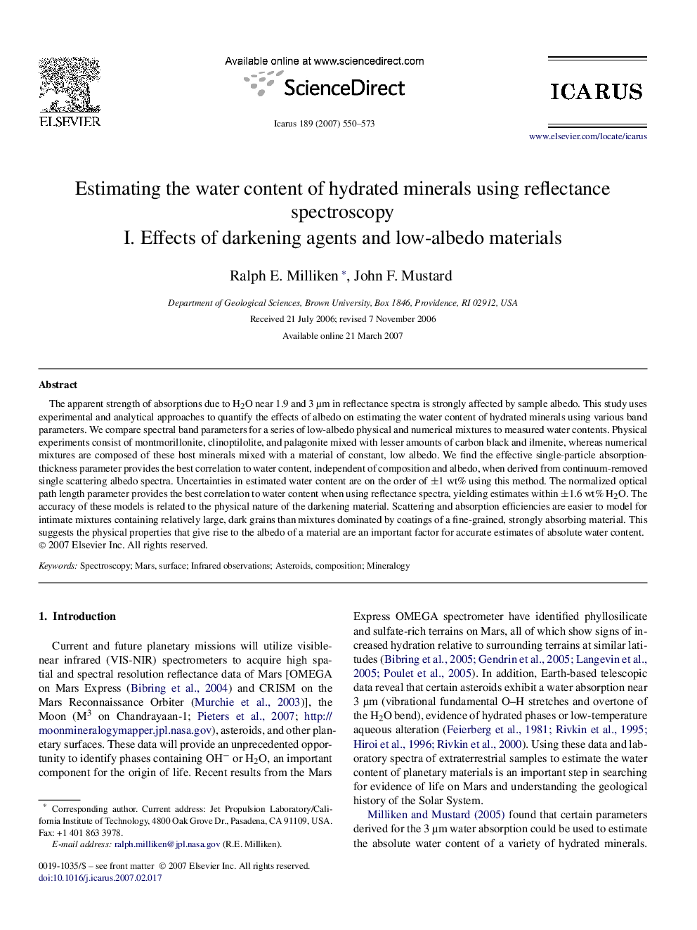 Estimating the water content of hydrated minerals using reflectance spectroscopy: I. Effects of darkening agents and low-albedo materials