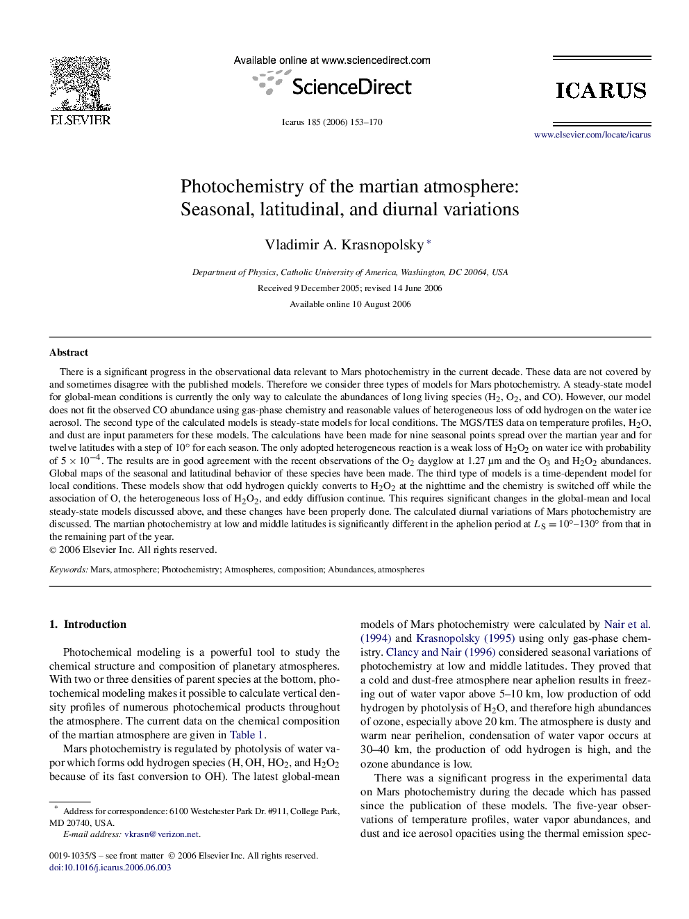 Photochemistry of the martian atmosphere: Seasonal, latitudinal, and diurnal variations