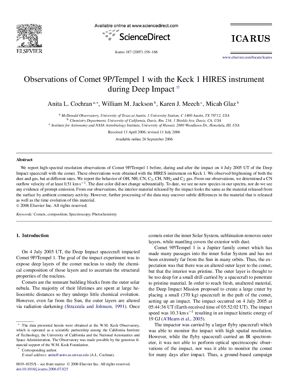 Observations of Comet 9P/Tempel 1 with the Keck 1 HIRES instrument during Deep Impact 