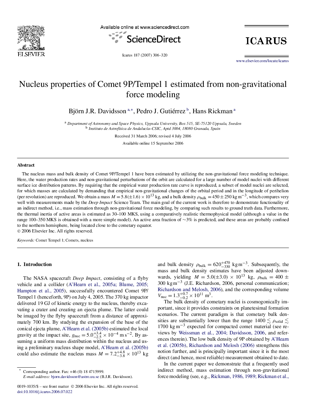 Nucleus properties of Comet 9P/Tempel 1 estimated from non-gravitational force modeling