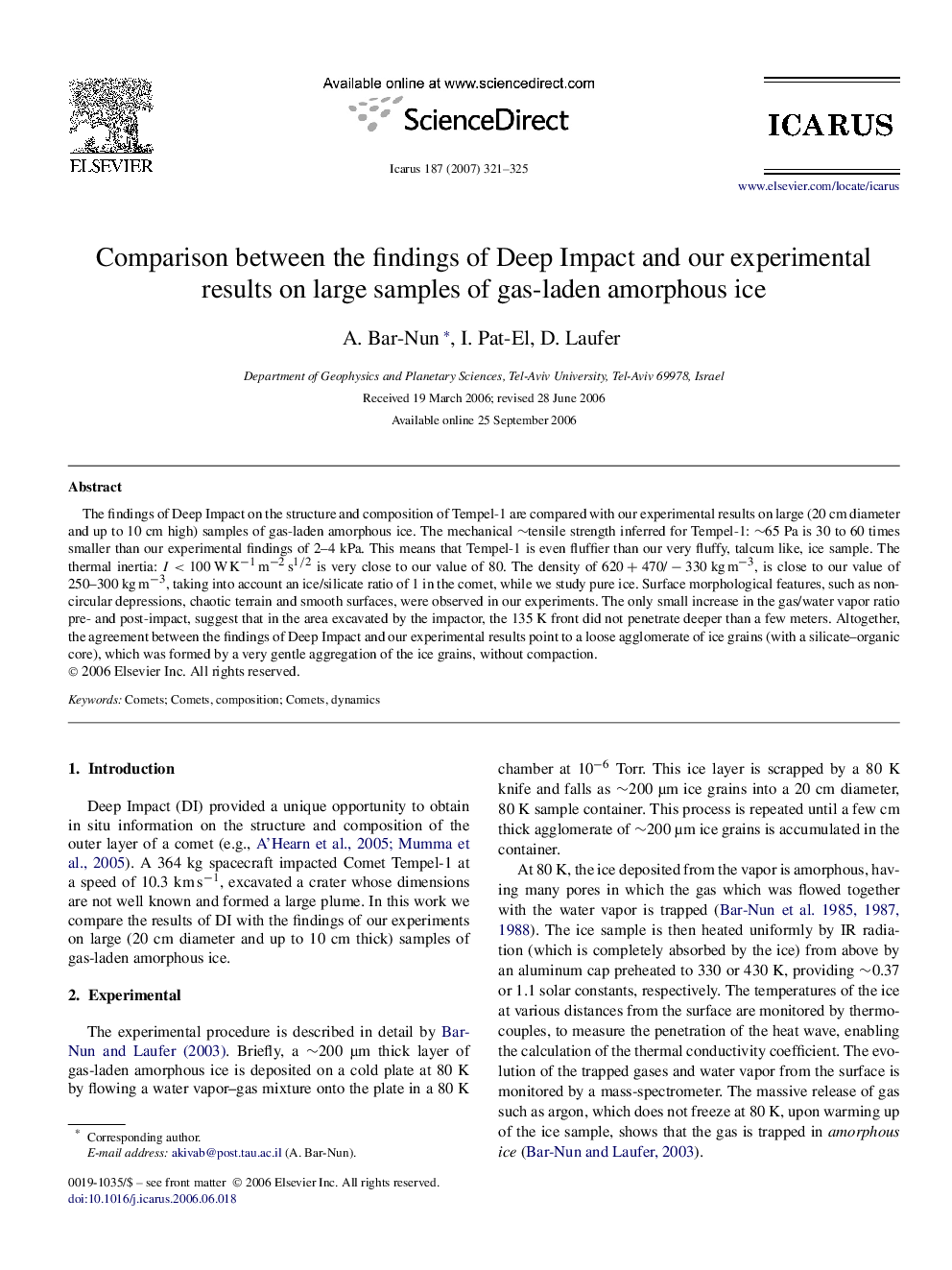 Comparison between the findings of Deep Impact and our experimental results on large samples of gas-laden amorphous ice