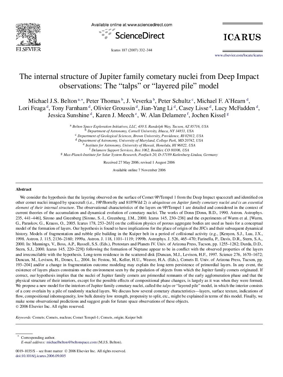 The internal structure of Jupiter family cometary nuclei from Deep Impact observations: The “talps” or “layered pile” model