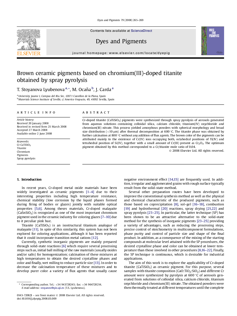 Brown ceramic pigments based on chromium(III)-doped titanite obtained by spray pyrolysis