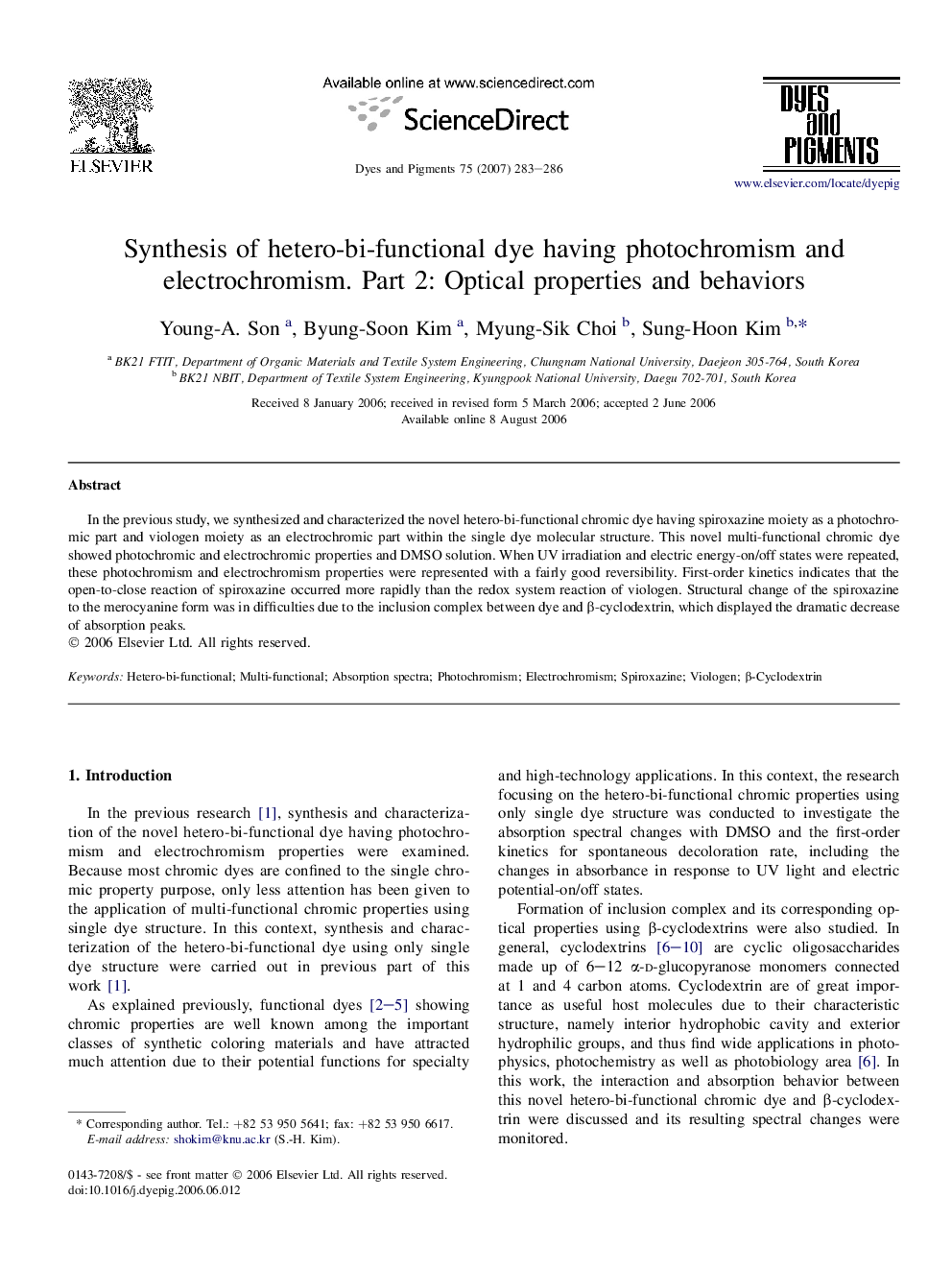 عکس صفحه اول مقاله: Synthesis of hetero-bi-functional dye having photochromism and electrochromism. Part 2: Optical properties and behaviors Synthesis of hetero-bi-functional dye having photochromism and electrochromism. Part 2: Optical properties and behaviors
