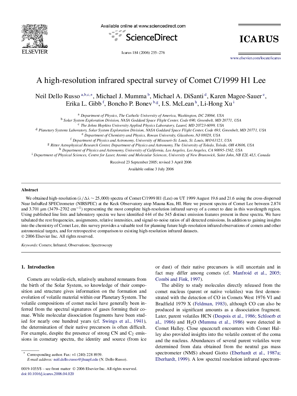 A high-resolution infrared spectral survey of Comet C/1999 H1 Lee