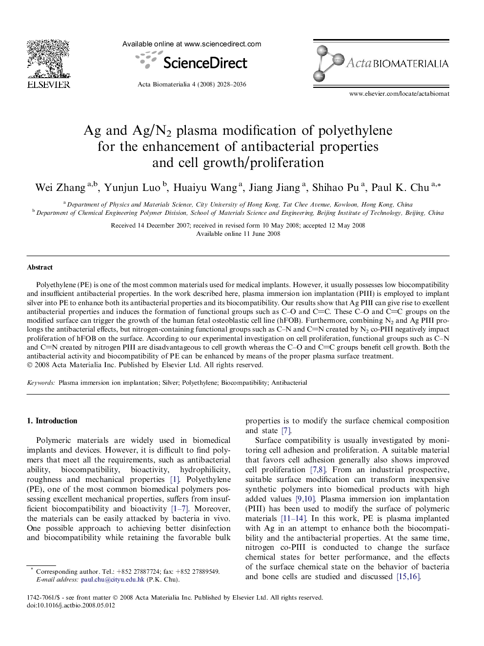 Ag and Ag/N2 plasma modification of polyethylene for the enhancement of antibacterial properties and cell growth/proliferation