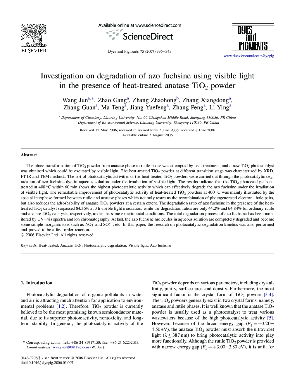 Investigation on degradation of azo fuchsine using visible light in the presence of heat-treated anatase TiO2 powder
