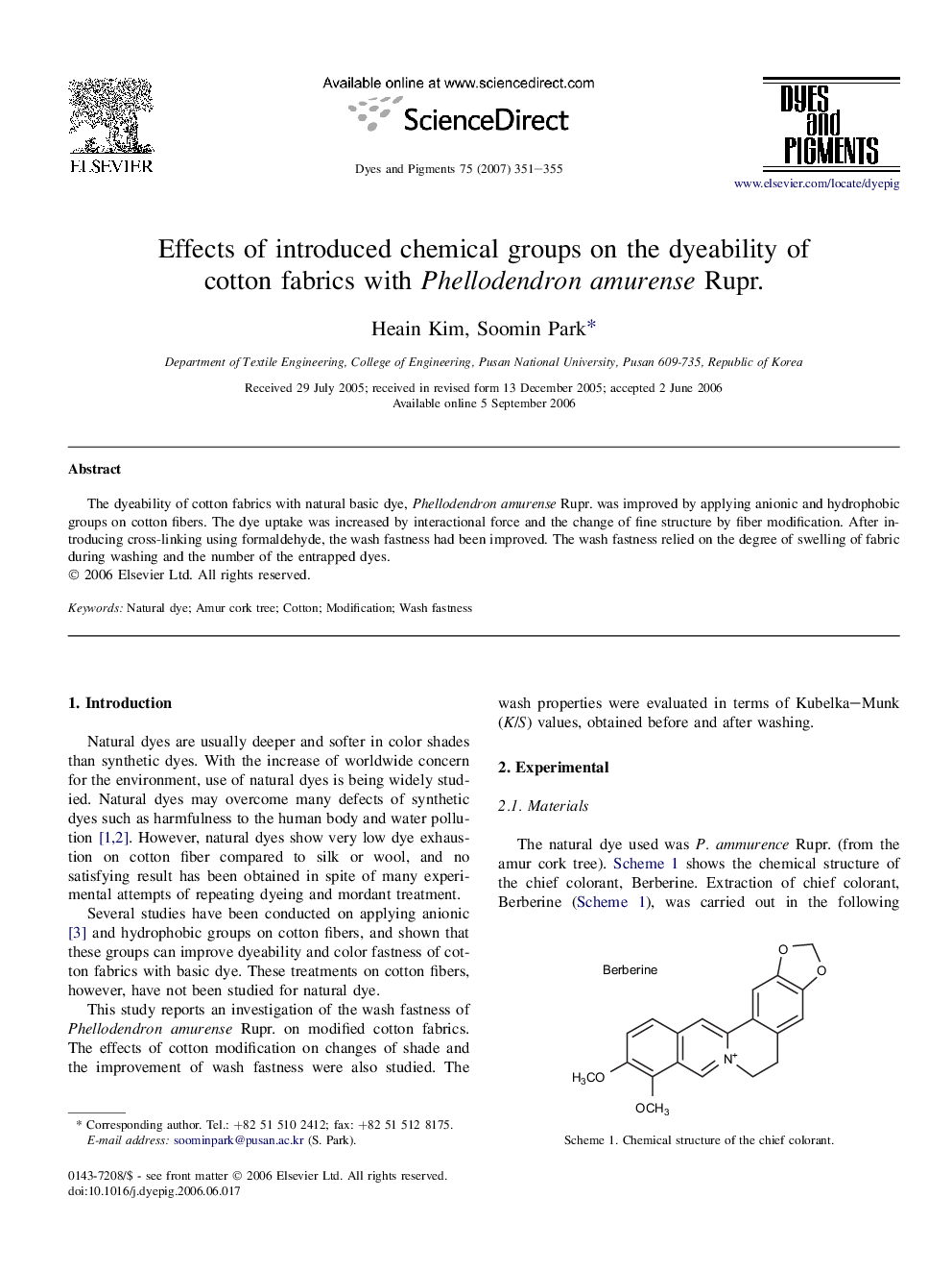 Effects of introduced chemical groups on the dyeability of cotton fabrics with Phellodendron amurense Rupr.