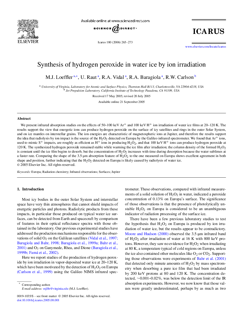 Synthesis of hydrogen peroxide in water ice by ion irradiation