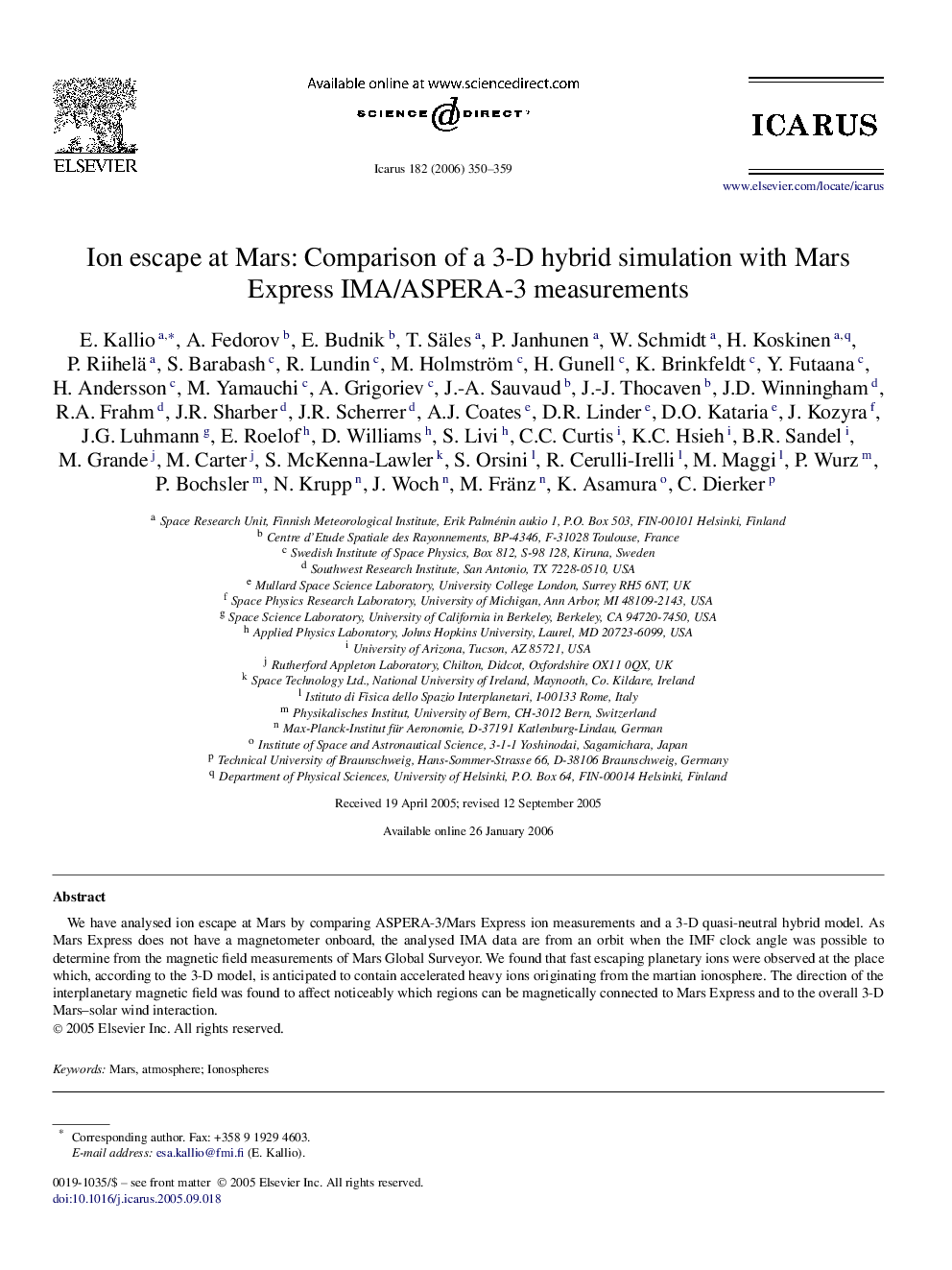 Ion escape at Mars: Comparison of a 3-D hybrid simulation with Mars Express IMA/ASPERA-3 measurements