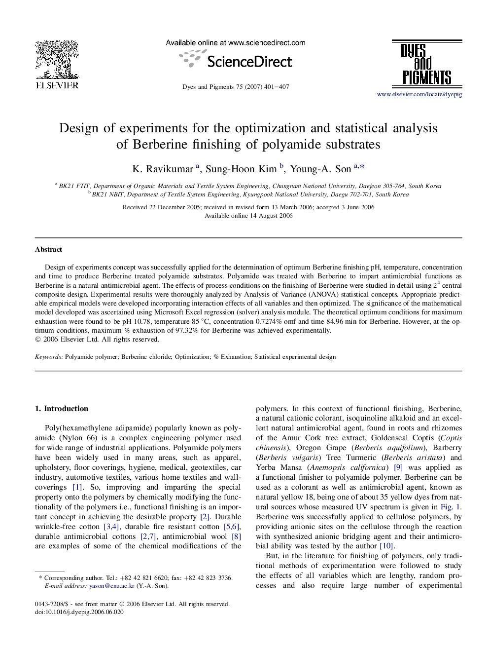 Design of experiments for the optimization and statistical analysis of Berberine finishing of polyamide substrates