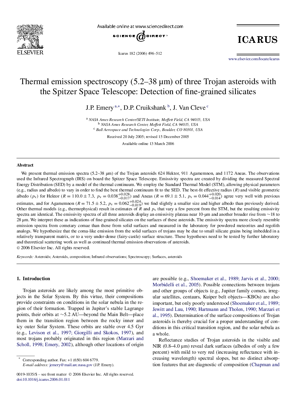 Thermal emission spectroscopy (5.2–38 μm) of three Trojan asteroids with the Spitzer Space Telescope: Detection of fine-grained silicates