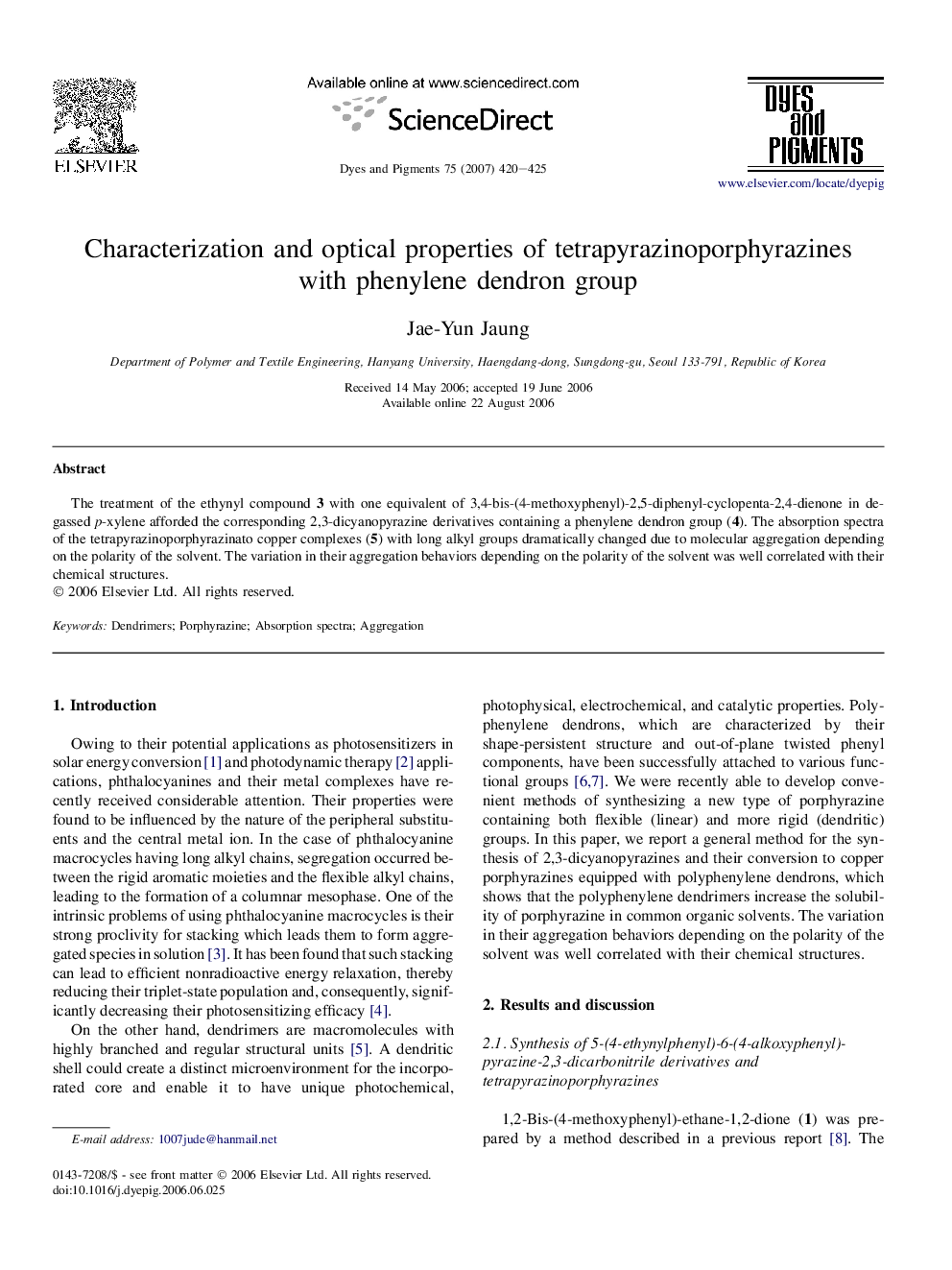 Characterization and optical properties of tetrapyrazinoporphyrazines with phenylene dendron group