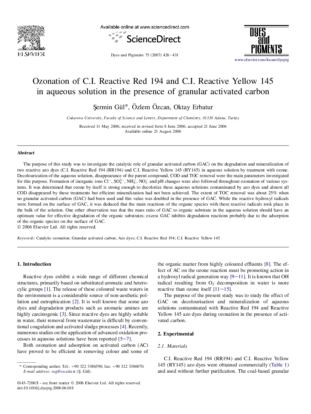 Ozonation of C.I. Reactive Red 194 and C.I. Reactive Yellow 145 in aqueous solution in the presence of granular activated carbon